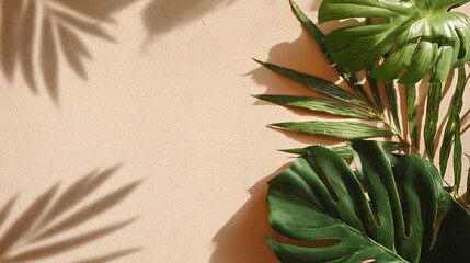 Stunning Tropical Leaves Shadow Effect Sand Background Top View Minimal Summer Flat Lay
