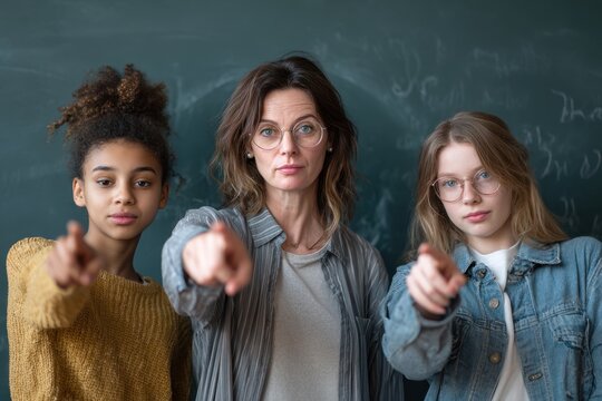 Pointing Accusation: Three individuals direct accusatory gestures. They stand before a black background, conveying a message of blame or accountability. This image embodies intense scrutiny.