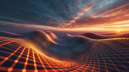 Abstract Landscape with Golden Mesh and Vibrant Sunset, a Futuristic and Modern Design