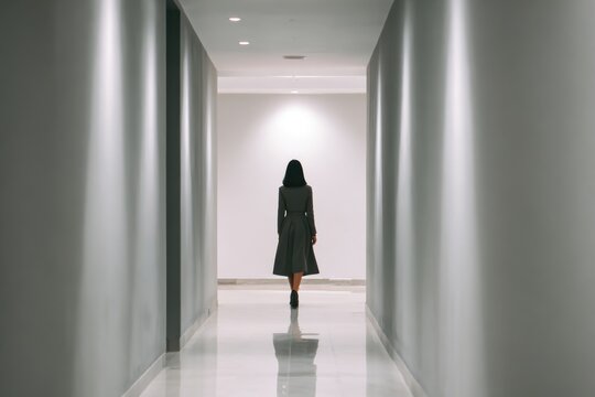 Journey's End: A solitary figure, poised at the end of a corridor, embodies the essence of an enigmatic quest. Her dark attire merges with a monochrome surrounding.