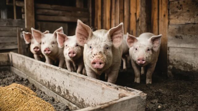 Farm livestock illustration of pigs feeding outdoors, perfect for sustainability and agriculture projects.