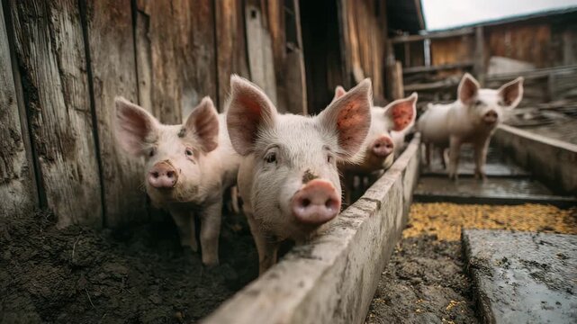 Farm livestock illustration of pigs feeding outdoors, perfect for sustainability and agriculture projects.