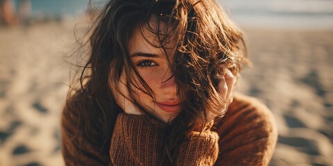 Graceful Young Woman Perched on Beach Sand Hair Cascading Across Face
