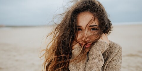 Beautiful Young Woman on Beach Sand Hair Partially Obscuring Her Face Natural Pose
