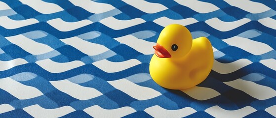 Iconic Yellow Bath Duck Perched on Blue and White Horizontal Wave Design
