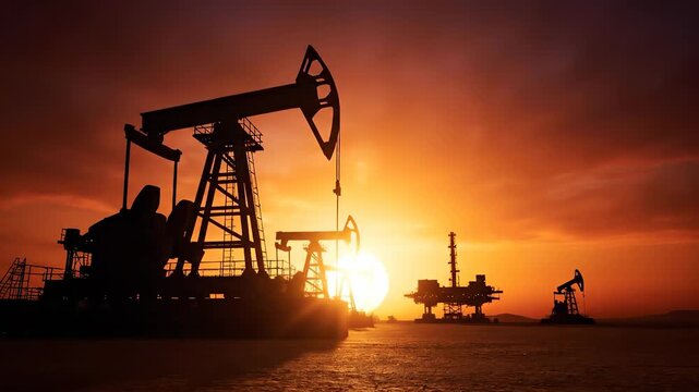 Cracked earth and oil industry silhouettes. Pumpjack and rig outline at sunset offshore. Cracked terrain shows drought. Drilling rigs evoke oil and energy risk. Suitable for climate industry projects.