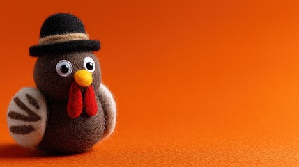photo of a felt turkey with cute eyes and a hat on an orange background, top view for a happy thanksgiving day banner. web banner with a yellow color background, with space in the middle. 