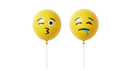 Two yellow emoji balloons, one winking with kissy face and one crying with drool, PNG isolated on white or transparent background