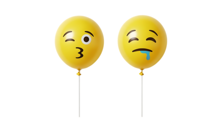 Two yellow emoji balloons, one winking with kissy face and one crying with drool, PNG isolated on white or transparent background