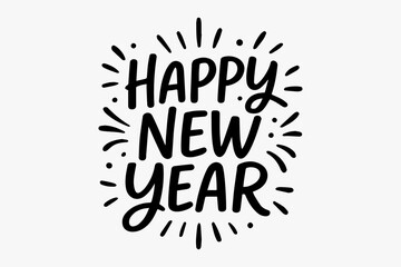 Happy New Year handwritten lettering with radiating lines on a white background, festive greeting