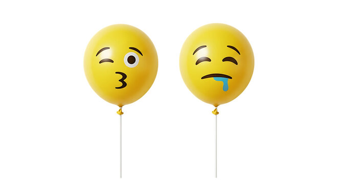 Two yellow emoji balloons, one winking with kissy face and one crying with drool, PNG isolated on white or transparent background