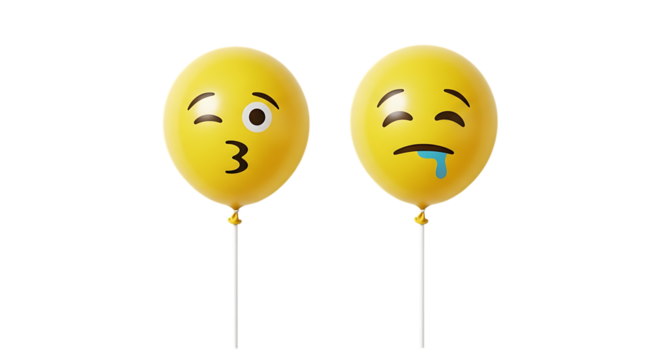 Two yellow emoji balloons, one winking with kissy face and one crying with drool, PNG isolated on white or transparent background