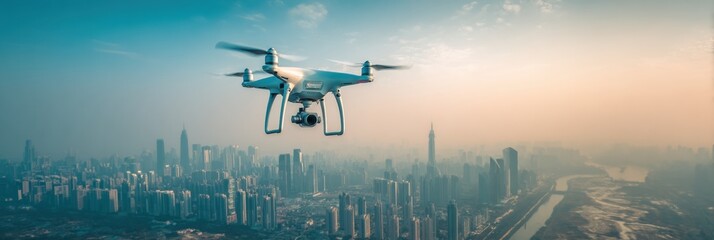 Drone Flying Over a City Skyline at Sunset With a Panoramic View of Skyscrapers