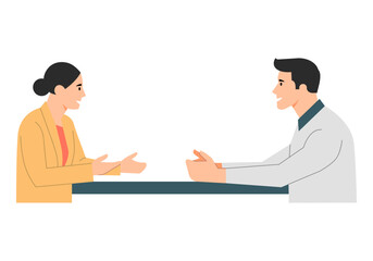 Reunión de negocios. Dos personas sentadas frente a frente en una mesa conversando. Comunicación profesional, negociación y trabajo en equipo. Ilustración vectorial