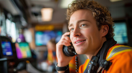 EMS crew communicating via radio with dispatch terminal visible, dispatch, radio traffic, coordination, technology, emergency call, with copy space