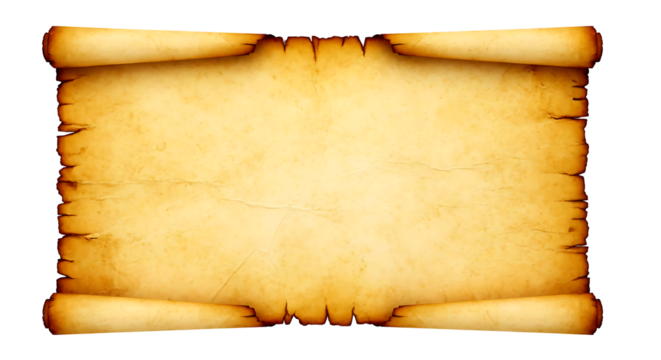 Ancient aged parchment scroll with burnt edges and rolled corners on a dark black background perfect for historical documents or fantasy maps