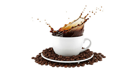 White coffee cup, with splashing dark liquid surrounded by roasted coffee beans, PNG isolated on white or transparent background