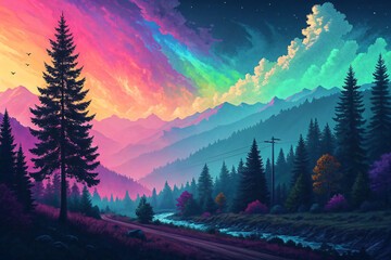Stunning vibrant mountain valley landscape at dusk with a rainbow colored sky, a winding road, and a flowing river