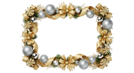 Festive gold ribbon and silver bauble Christmas wreath border, with pine sprigs, PNG isolated on white or transparent background