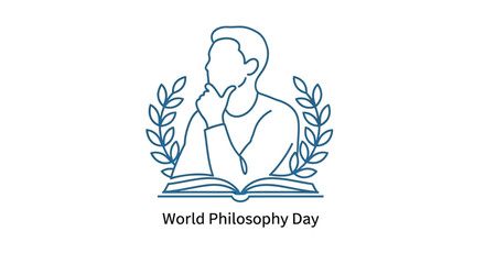 A thoughtful man reading a book framed by laurel branches philosophy