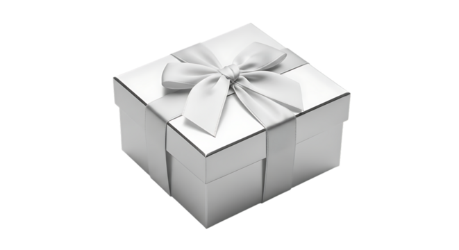 Silver gift box, with a satin ribbon and bow, PNG isolated on white or transparent background