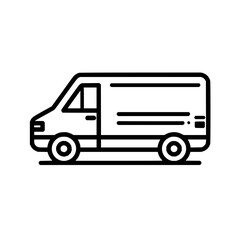 Illustration of a delivery van with a rectangular body and circular wheels in black outline style