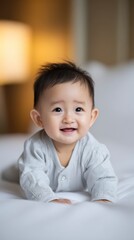 Smiling Baby Portrait: An adorable infant gazes directly at the camera with a gentle smile, exuding pure joy and innocence, lying on a plush surface.
