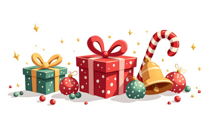 Festive Christmas gifts, ornaments, and candy cane on a white background