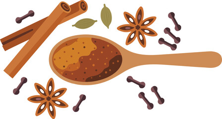 Top view of aromatic indian spices with cinnamon star anise and cloves on a wooden spoon vector illustration