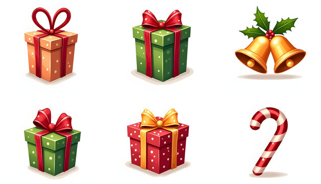 Festive Christmas illustrations with gifts, bells, and candy cane on white background