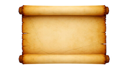 Ancient rolled parchment scroll with textured aged paper and wooden ends isolated on a black background for historical documents or creative use