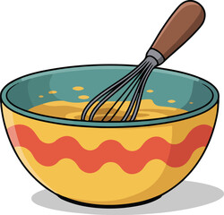 Whisking eggs or batter in a colorful ceramic bowl for cooking or baking isolated cartoon vector illustration