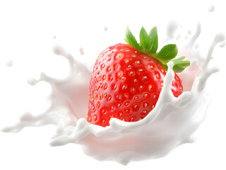 Fresh strawberry splashing into cream isolated on transparent background, symbol of freshness and flavor.