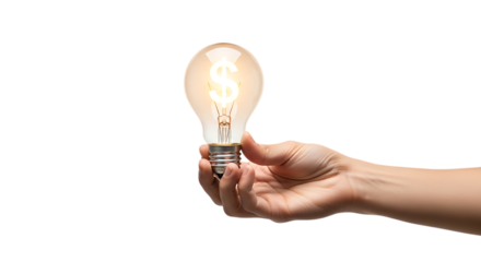 Hand, holding a glowing light bulb with a dollar sign inside, PNG isolated on white or transparent background
