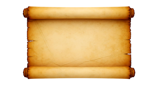 Ancient rolled parchment scroll with textured aged paper and wooden ends isolated on a black background for historical documents or creative use