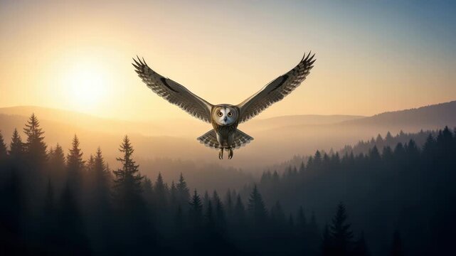 Owl flying over a misty forest at sunset with its wings spread wide open