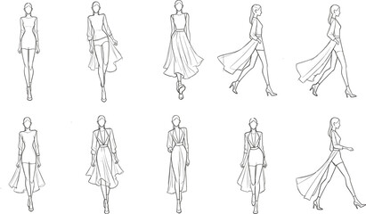 Minimalist fashion sketch collection of female models in stylish poses wearing modern dresses, skirts, and flowing garments for design inspiration