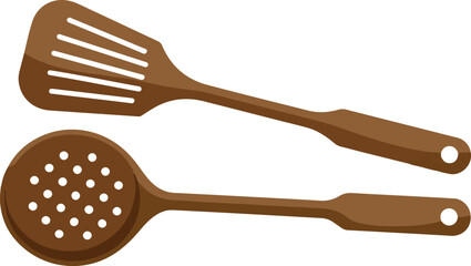 Wooden kitchen utensils with spatula and skimmer spoon for cooking isolated vector illustration
