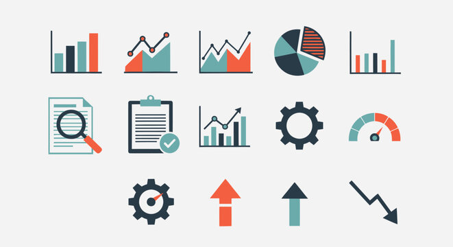 A colorful collection of flat vector icons for data analysis business reports and infographics.