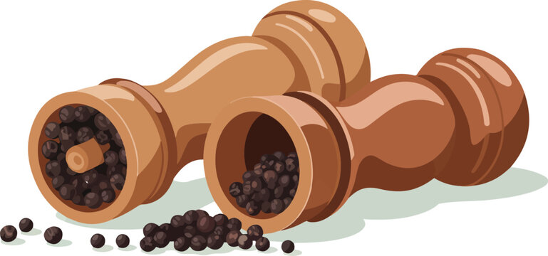 Wooden pepper mill and grinder with black peppercorns spice for cooking and seasoning isolated vector illustration