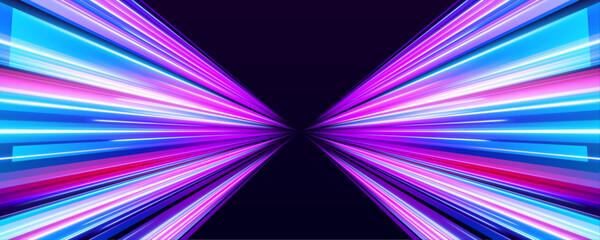 Abstract neon lines flow through a futuristic city highway. Blue and violet light beams merge in a dynamic blur. The scene reflects the power of modern motion and speed.