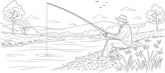 Serene riverside fishing scene with man on grassy bank, black and white line art vector for nature, leisure, and outdoor concept.
