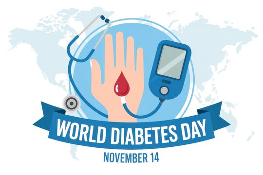 World diabetes day illustration with hand, blood drop, glucometer and stethoscope on a world map