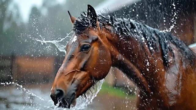 Majestic Brown Horse Enjoying a Refreshing Shower of Water on a Rainy Day