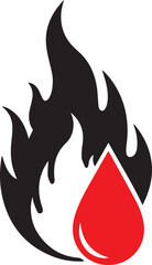 Red blood drop symbol with black flames on white background fire