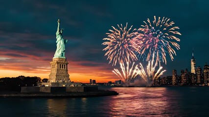 Statue liberty monument sunset fireworks skyline. Harbor cityscape reflects celebration lights. Travel landmark attracts tourism imagery. Evening waterfront creates dramatic urban silhouette night.