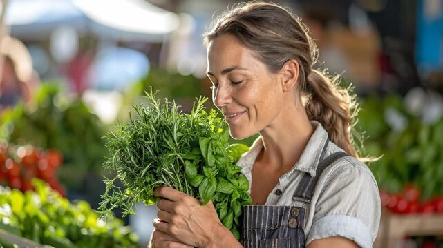 Smiling woman enjoys the fresh aromatic scent of a green herb bouquet at a local outdoor farmer's market