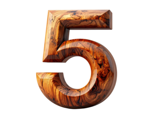 3d wooden number 5 on white background PNG