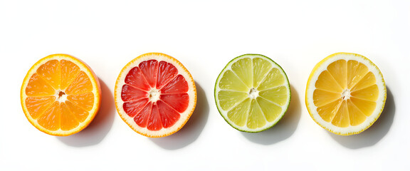Fresh citrus fruit halves arranged in a row on a white background