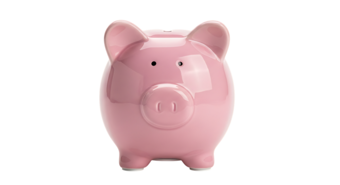 Glossy pink ceramic piggy bank, with coin slot and snout, PNG isolated on white or transparent background